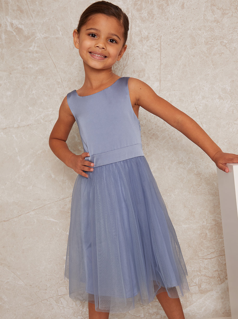 Younger Girls Satin Bodice Tulle Midi Dress In Blue