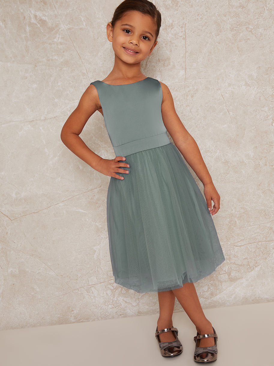 Girls Satin Bodice Tulle Skirt Dress in Green