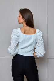 Crochet Sleeve Square Neck Jumper in White