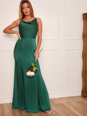 Cowl Neck Satin Slip Maxi Dress in Green