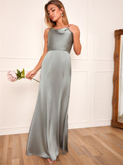 Cowl Neck Satin Slip Maxi Dress in Grey