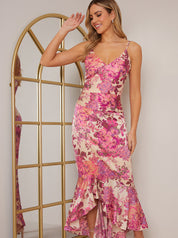 Sleeveless Floral Print Ruffle Midi Dress in Pink