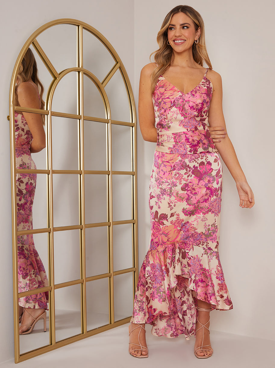 Sleeveless Floral Print Ruffle Midi Dress in Pink