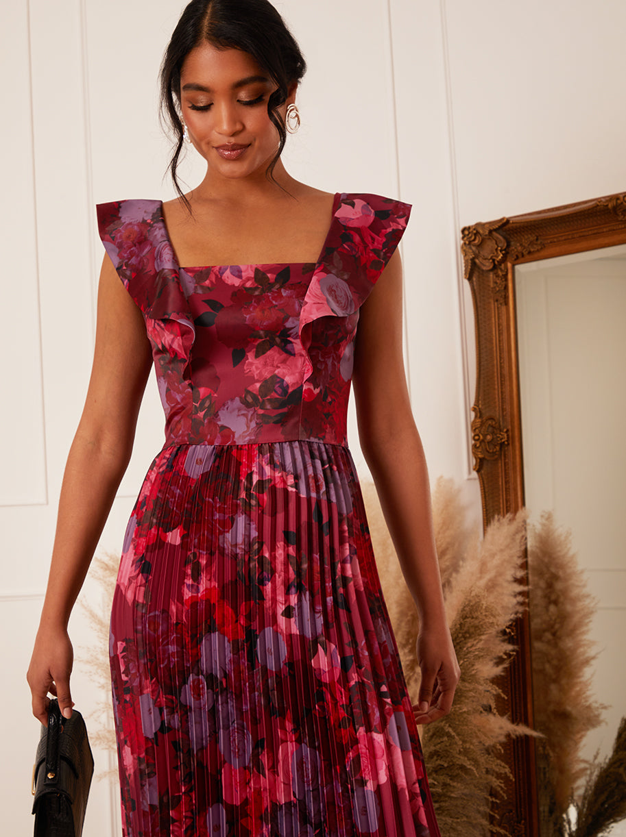 Floral Print Ruffle Pleated Midi Dress in Burgundy