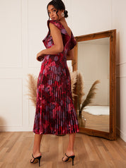 Floral Print Ruffle Pleated Midi Dress in Burgundy