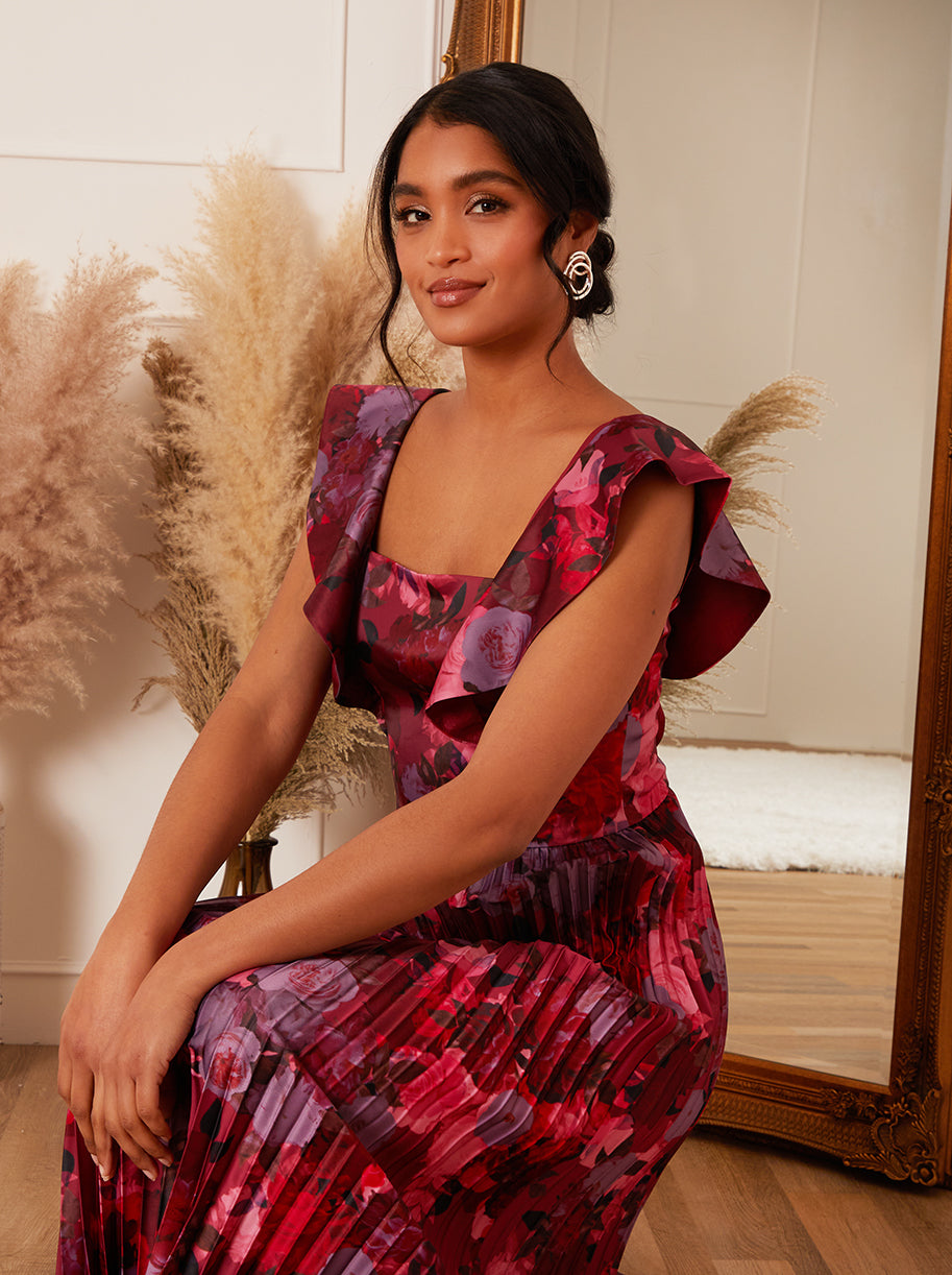 Floral Print Ruffle Pleated Midi Dress in Burgundy