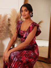 Floral Print Ruffle Pleated Midi Dress in Burgundy