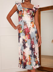 Floral Print Ruffle Pleated Midi Dress in Green