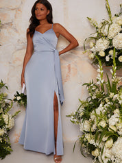 Satin Finish Drape Maxi Dress in Blue