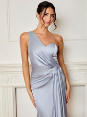 One Shoulder Satin Finish Maxi Dress in Blue