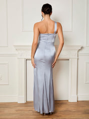 One Shoulder Satin Finish Maxi Dress in Blue