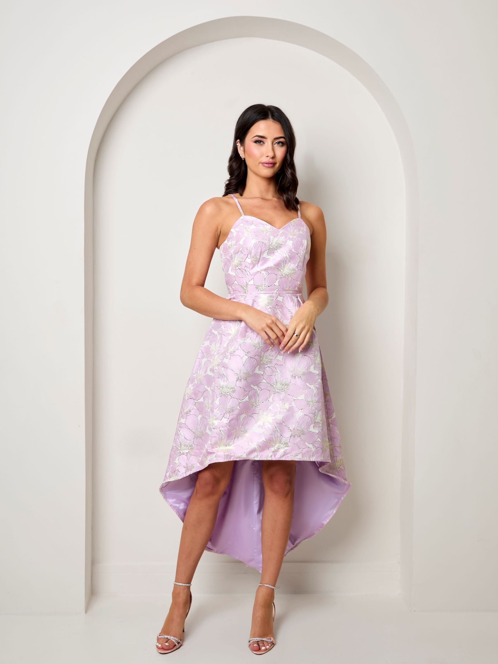 Cami Floral Jacquard Dip Hem Dress in Lilac