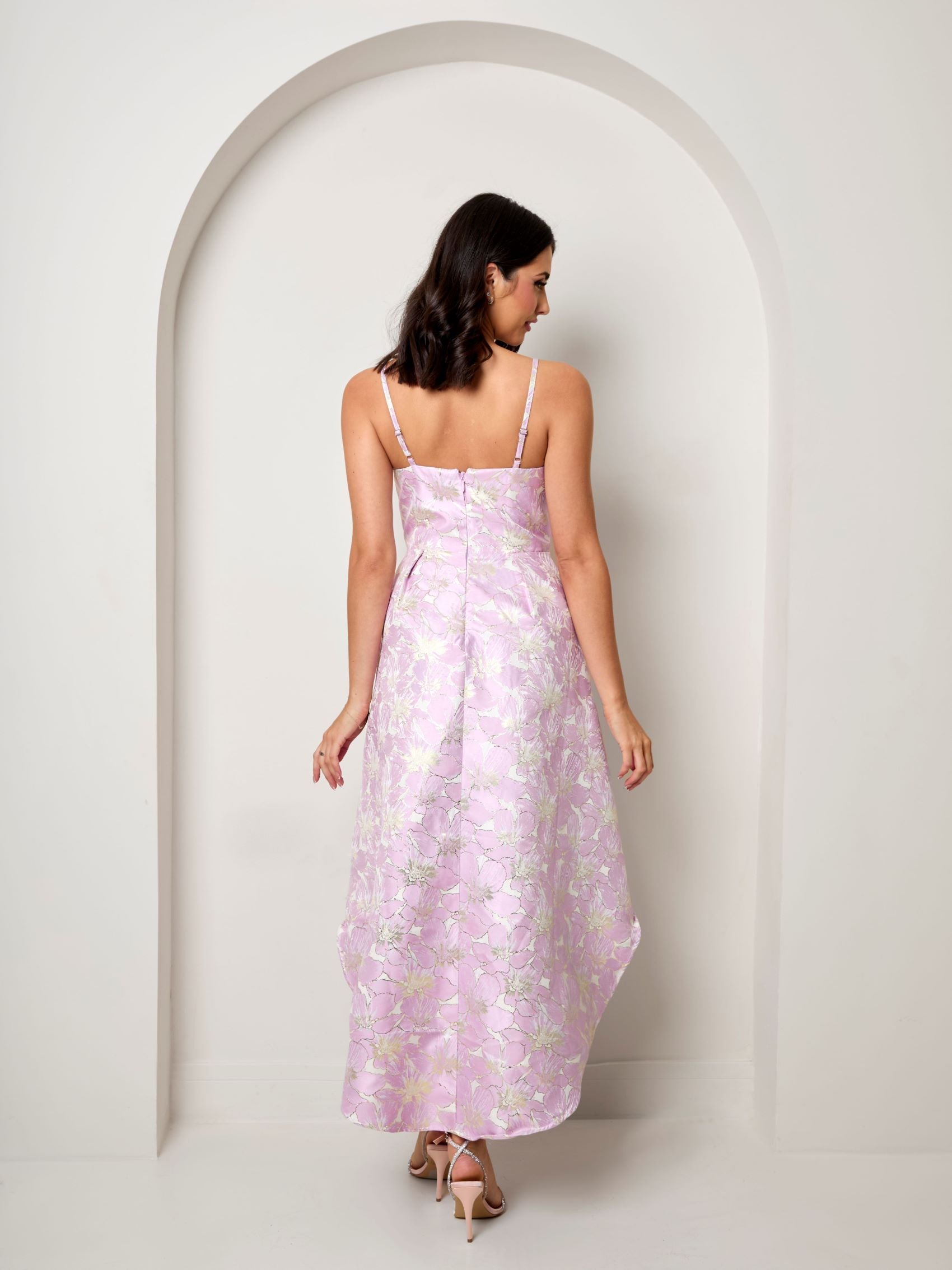 Cami Floral Jacquard Dip Hem Dress in Lilac