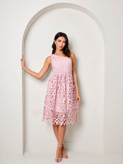 One Shoulder Premium Lace Midi Dress in Blush