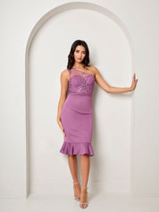 One Shoulder Embroidered Bodice Midi Dress in Purple