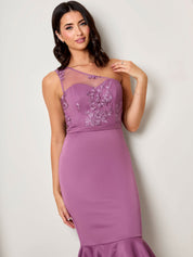 One Shoulder Embroidered Bodice Midi Dress in Purple