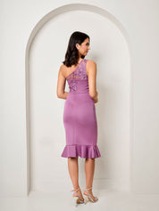 One Shoulder Embroidered Bodice Midi Dress in Purple