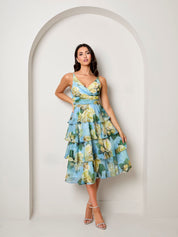 Sleeveless Floral Print Midi Dress in Blue