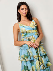 Sleeveless Floral Print Midi Dress in Blue