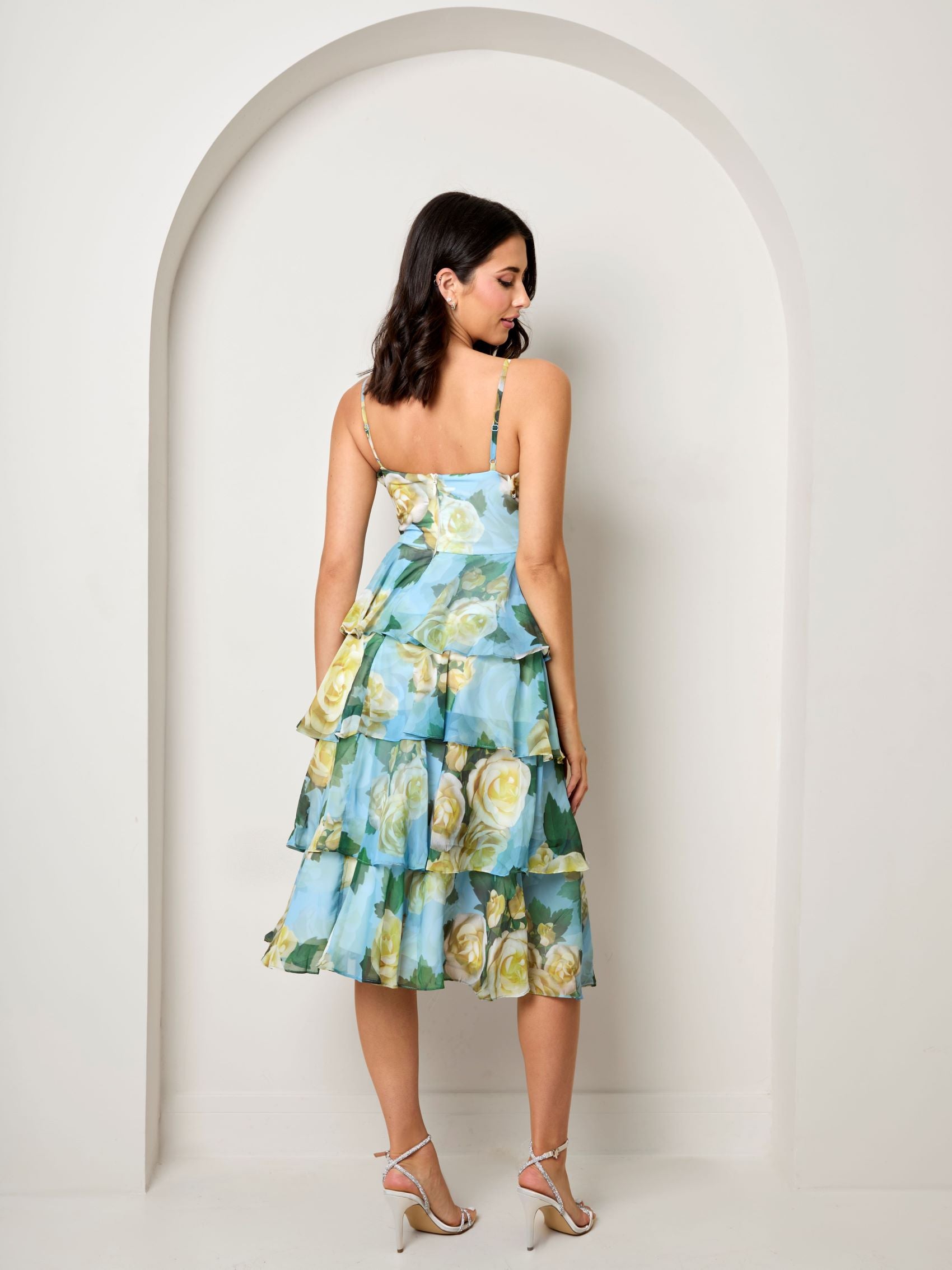 Sleeveless Floral Print Midi Dress in Blue