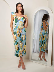 Floral Print Ruffle Pleated Midi Dress in Blue