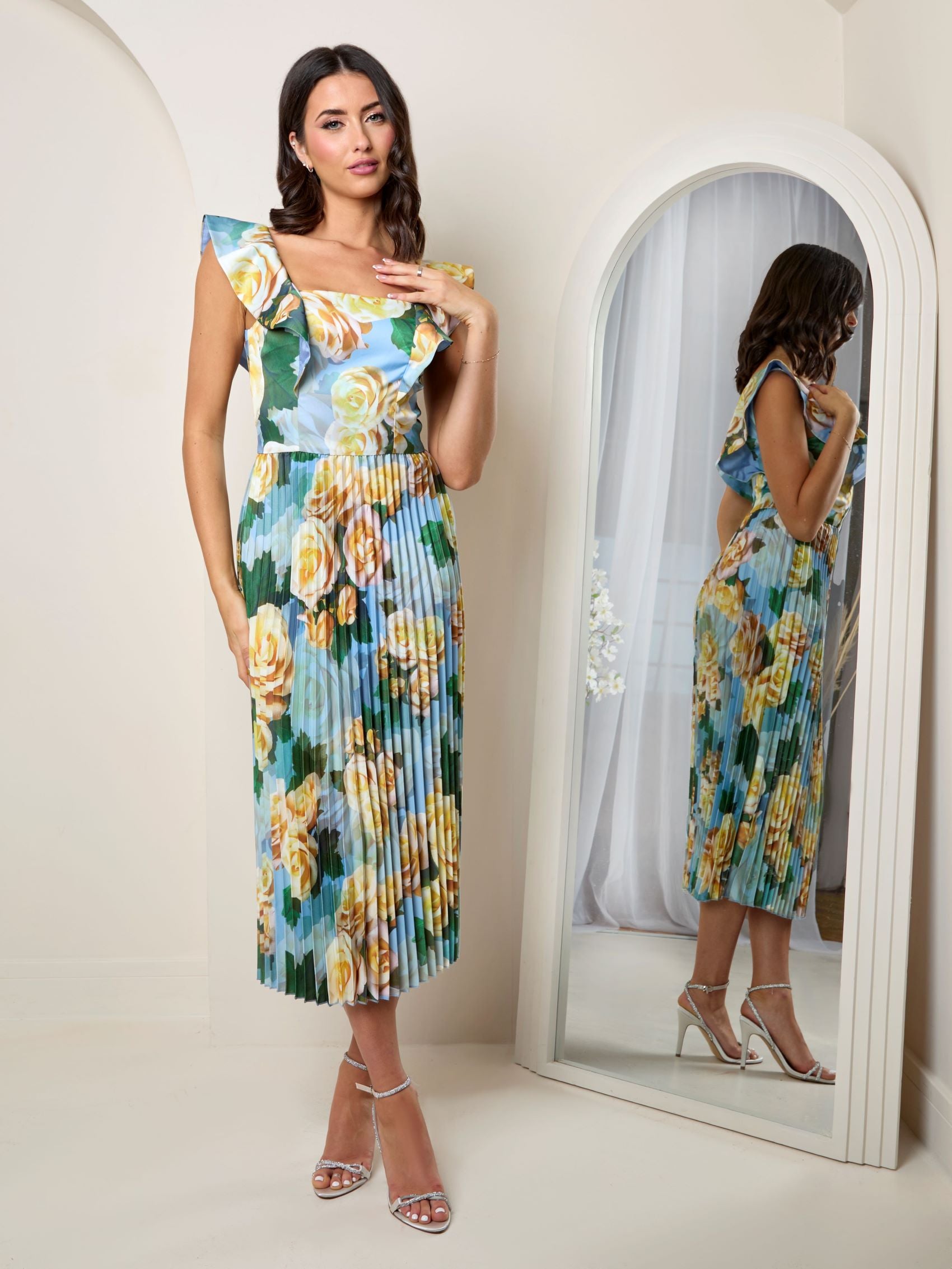 Floral Print Ruffle Pleated Midi Dress in Blue