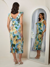 Floral Print Ruffle Pleated Midi Dress in Blue