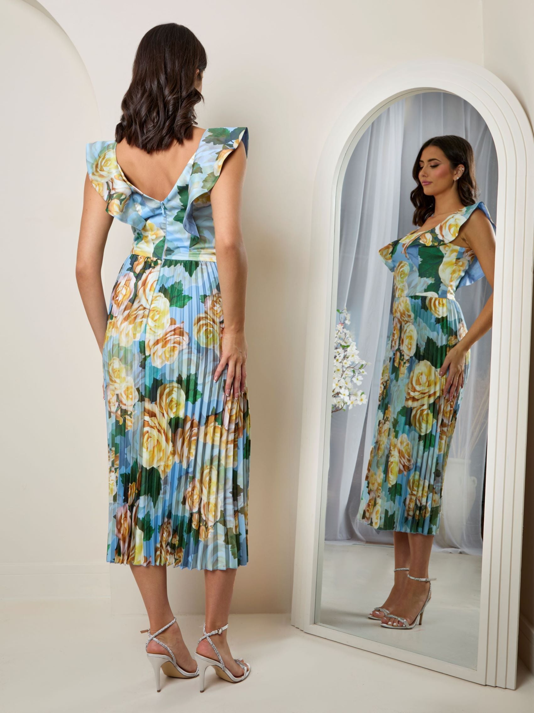 Floral Print Ruffle Pleated Midi Dress in Blue