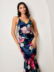 Sleeveless Floral Print Ruffle Hem Midi Dress in Navy