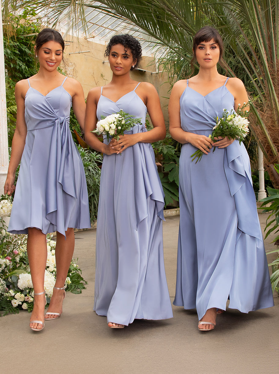 Satin Cami Strap Wrap Midi Dress in Blue