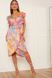 Print Wrap Midi Skirt in Pink