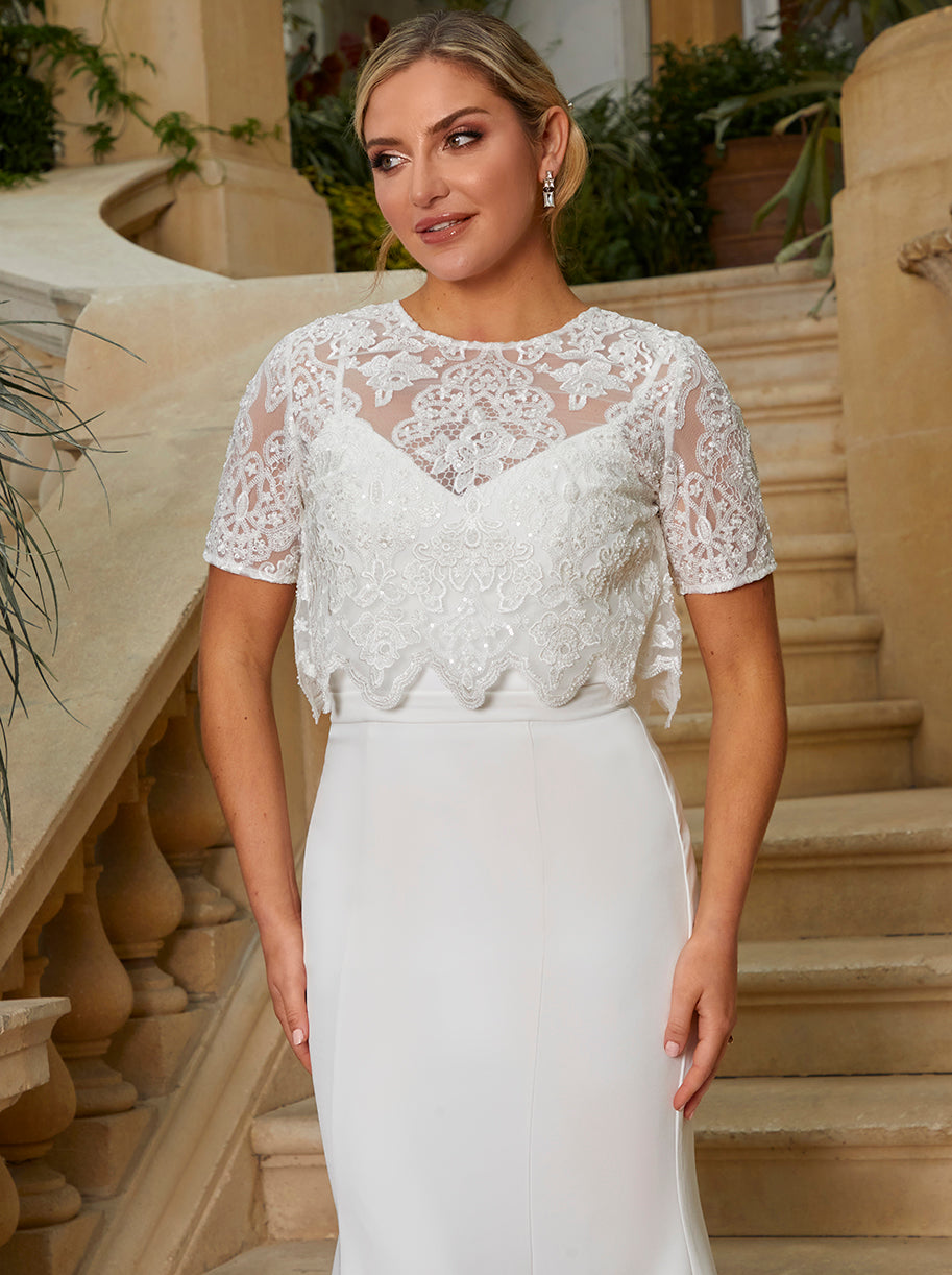 Lace Overlay Bodice Maxi Wedding Dress in White