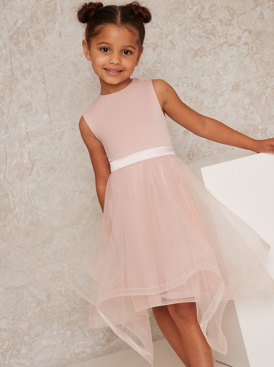 Girls Tulle Skirt Dress With Bow Back In Pink