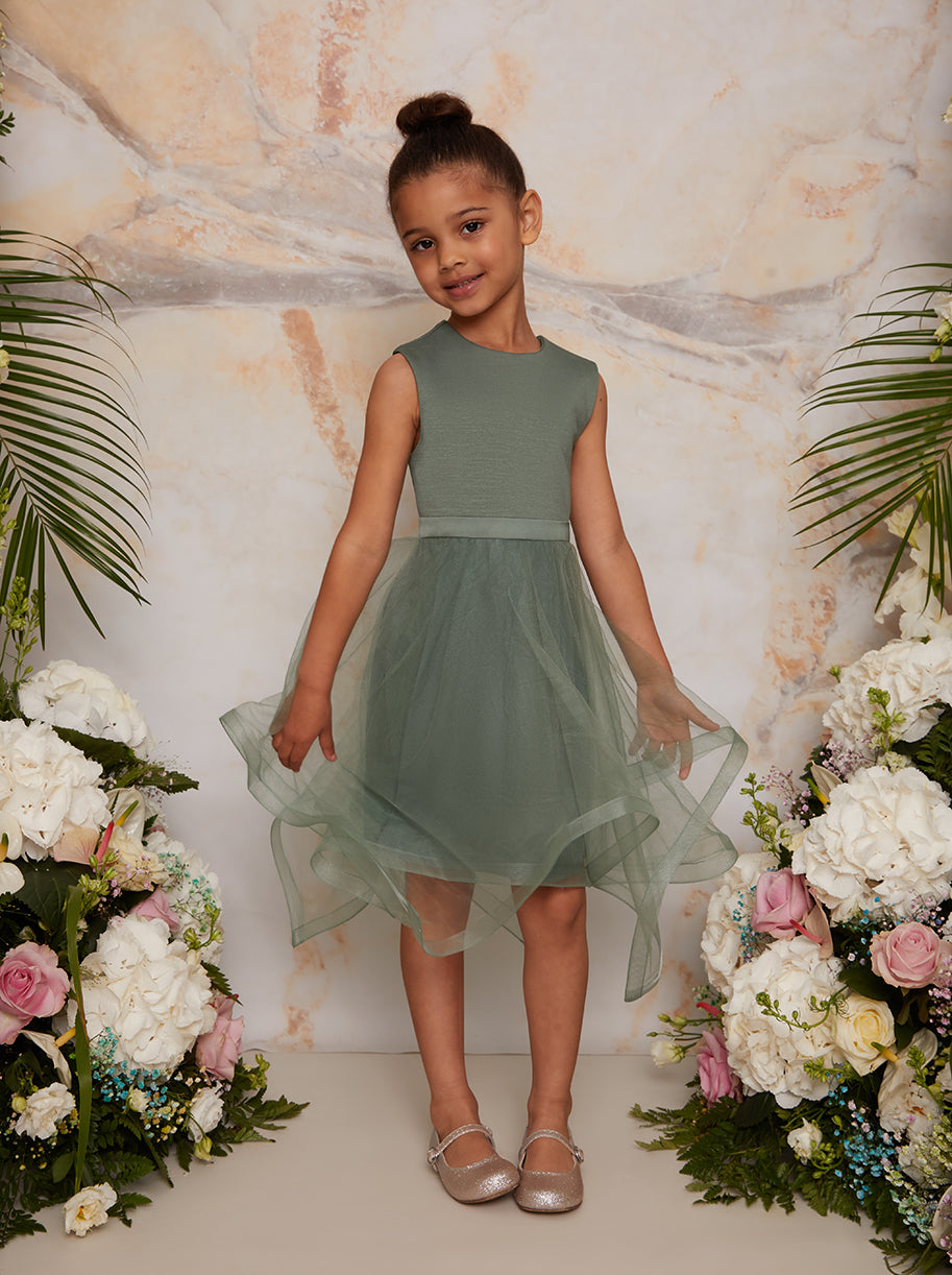 Girls Tulle Skirt Dress with Bow Back in Green