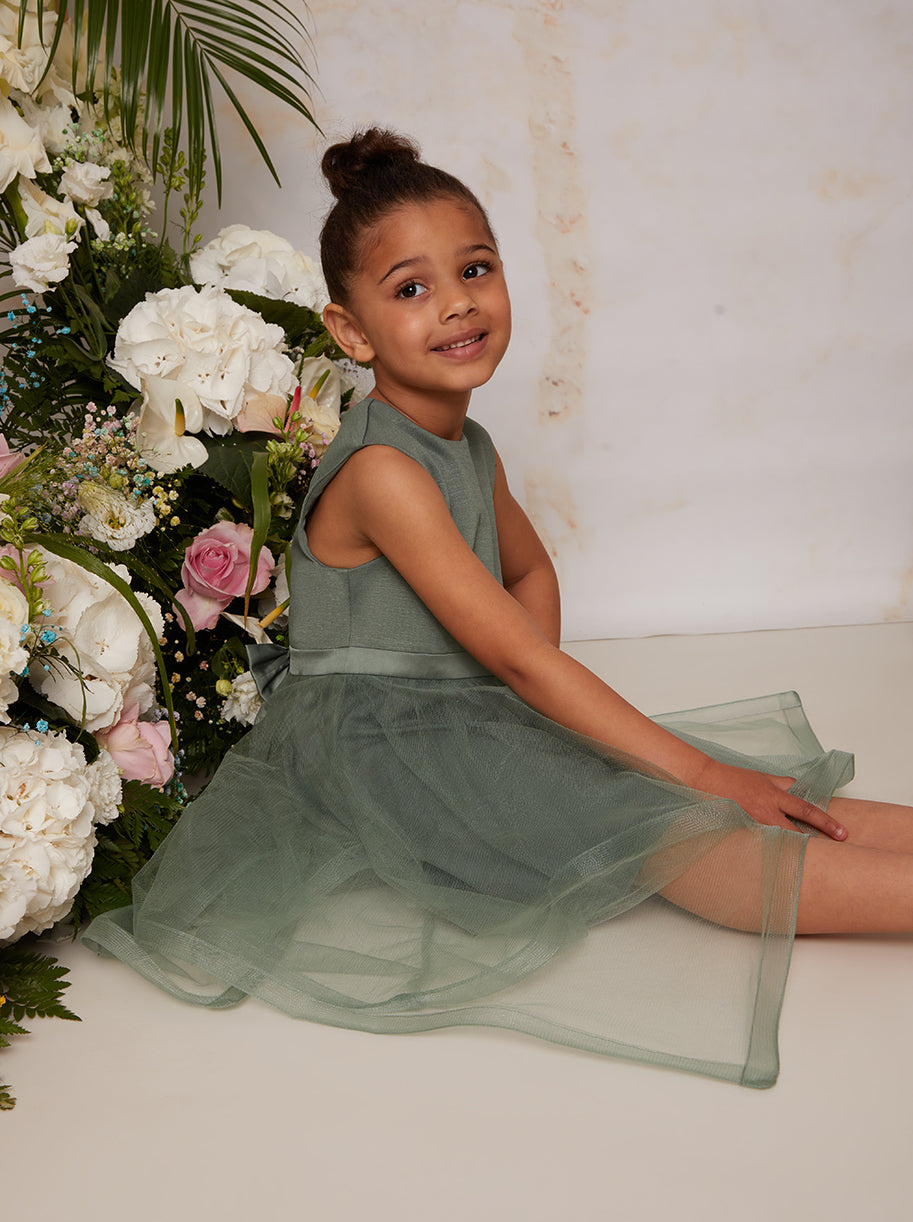 Girls Tulle Skirt Dress with Bow Back in Green