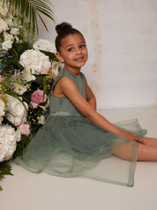 Girls Tulle Skirt Dress with Bow Back in Green