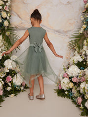 Girls Tulle Skirt Dress with Bow Back in Green