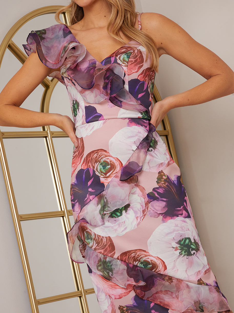 Ruffle Floral Print Bodycon Dress in Purple