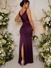 Cowl Neck Satin Slip Maxi Dress in Purple
