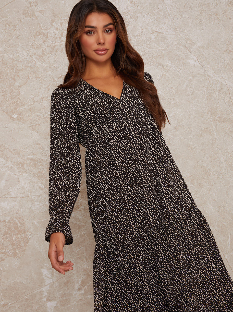 Long Sleeve V Neck Animal Print Midi Dress in Black