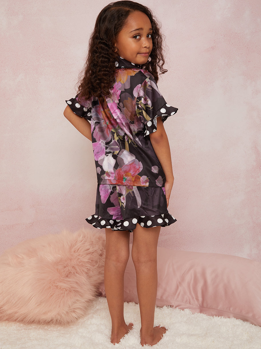 Girls Floral Spot Print Pyjama Short Set in Black
