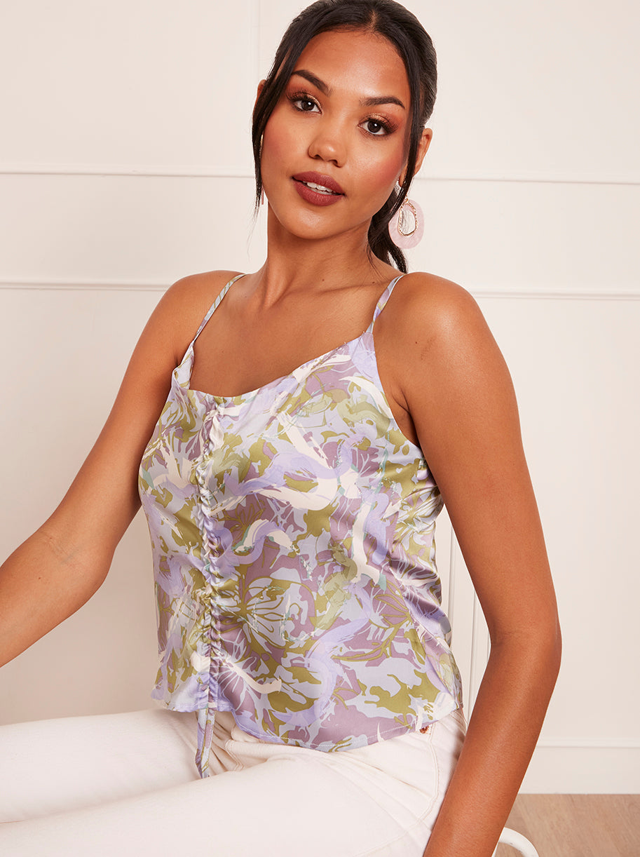 Cami Ruched Marble Print Top in Grey