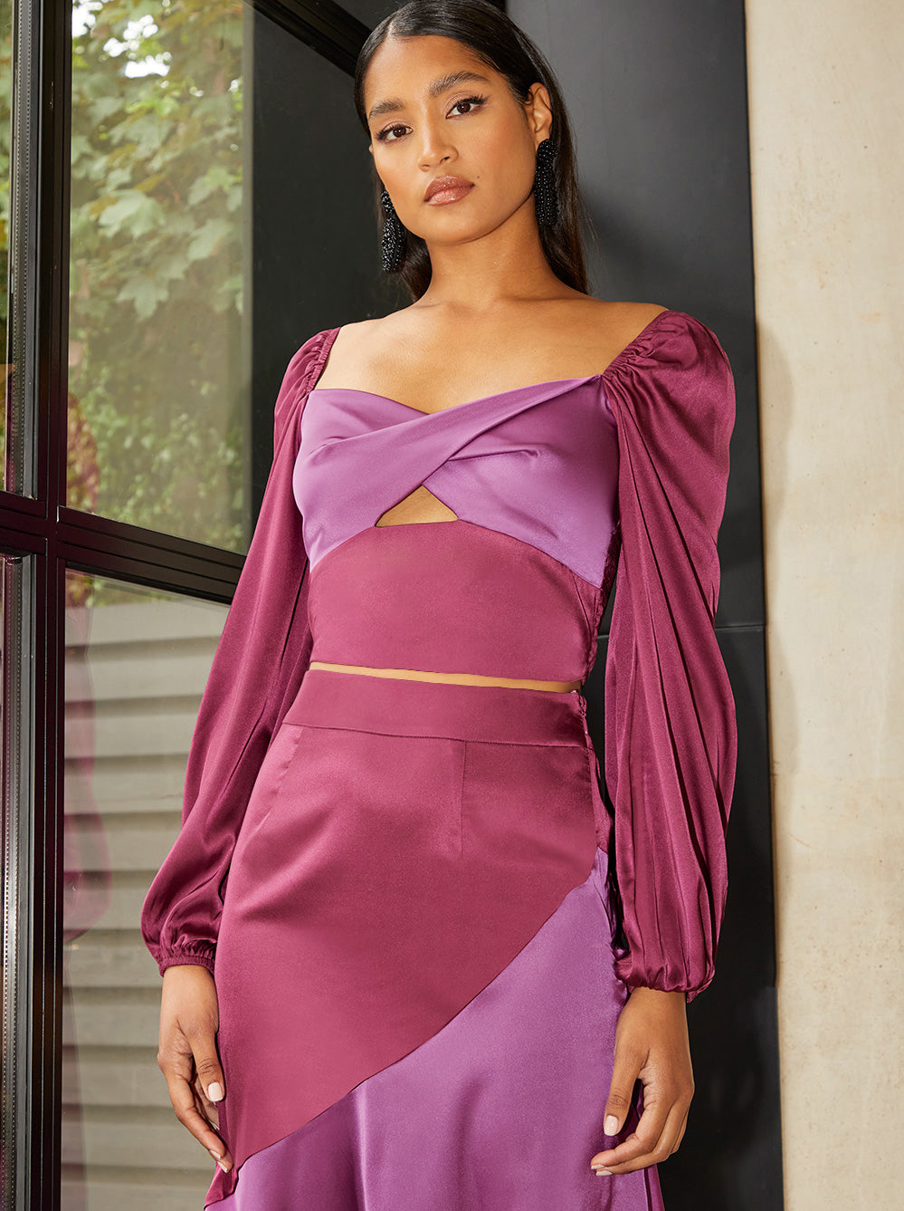 Long Sleeve Cut Out Twist Detail Satin Crop Top in Purple