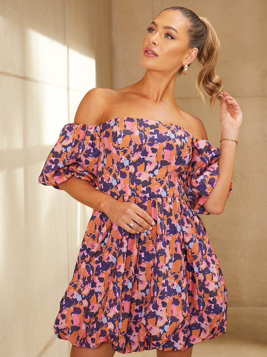 Bardot Style Abstract Print Puff Ball Mini Dress in Blue