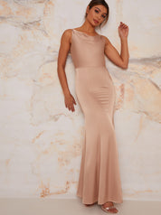 Cowl Neck Satin Slip Maxi Dress in Champagne