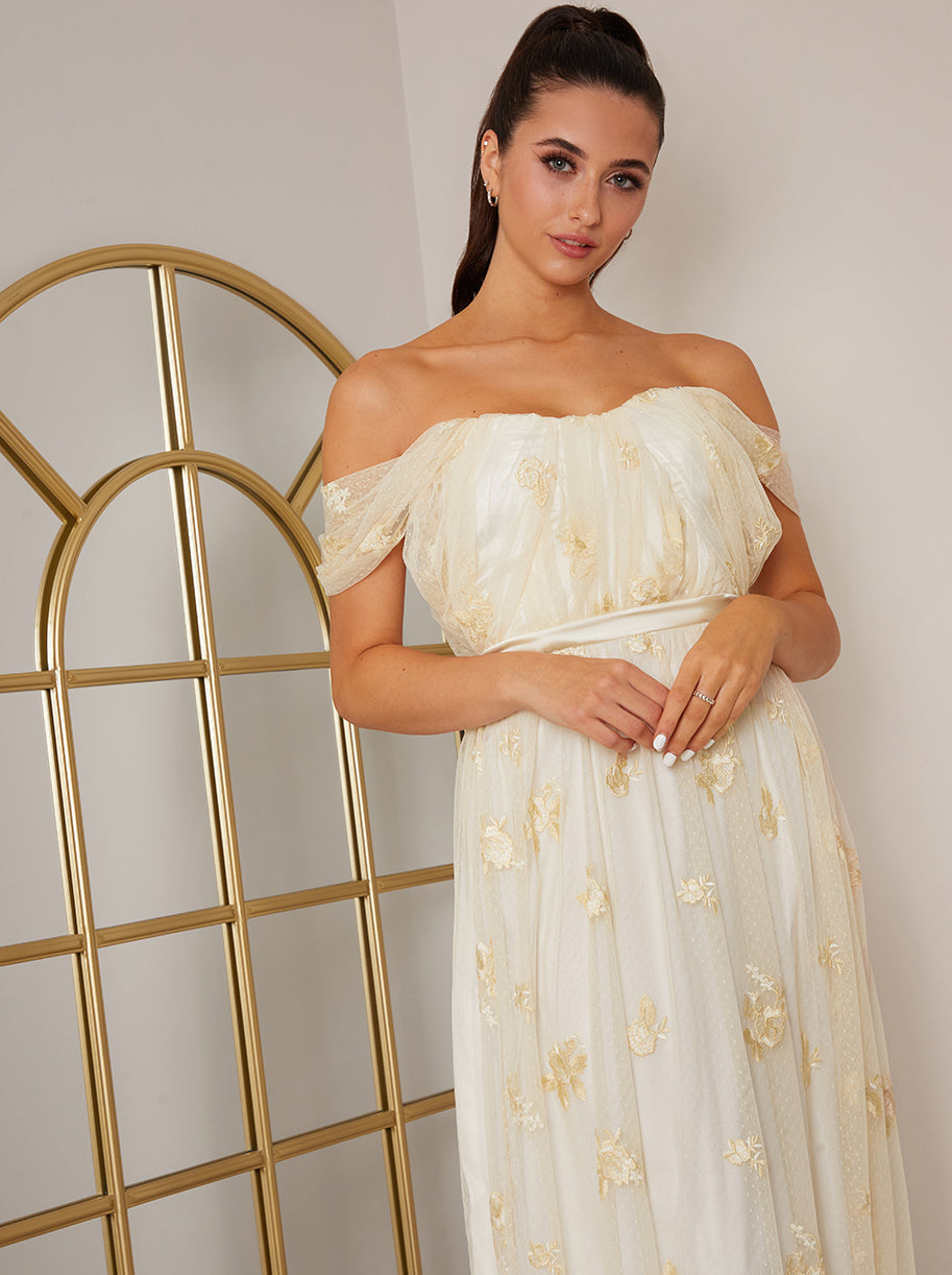 Bardot Embroidered Floral Lace Maxi Dress in Cream