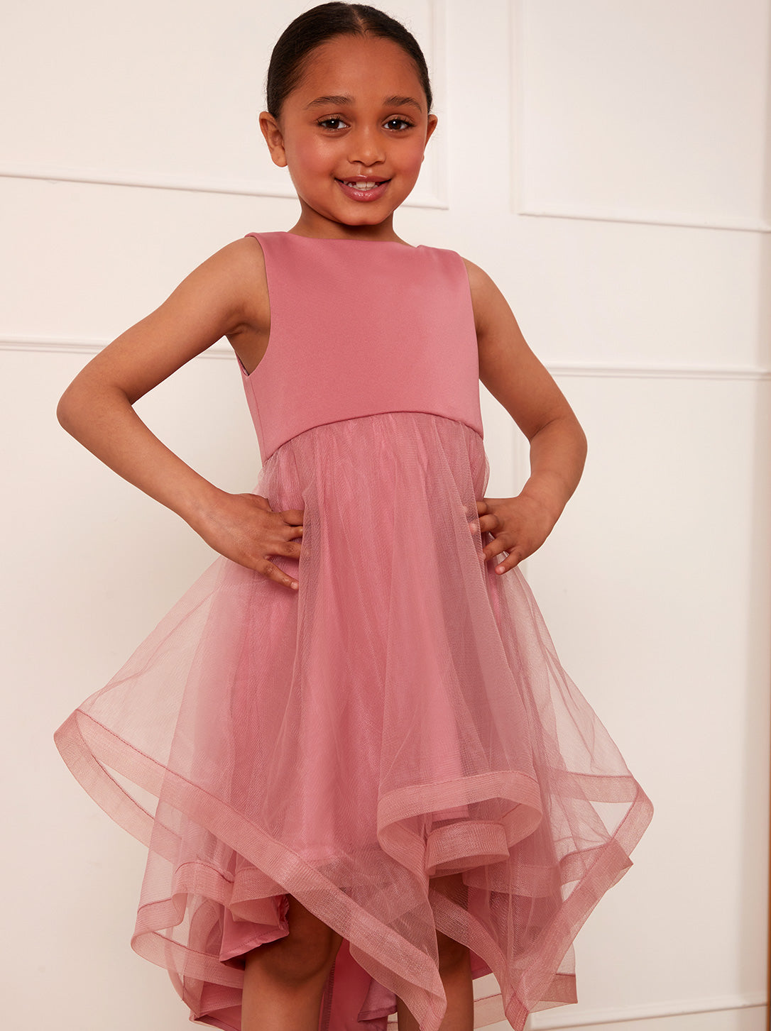 Younger Girls Tulle Layered Midi Dress in Pink