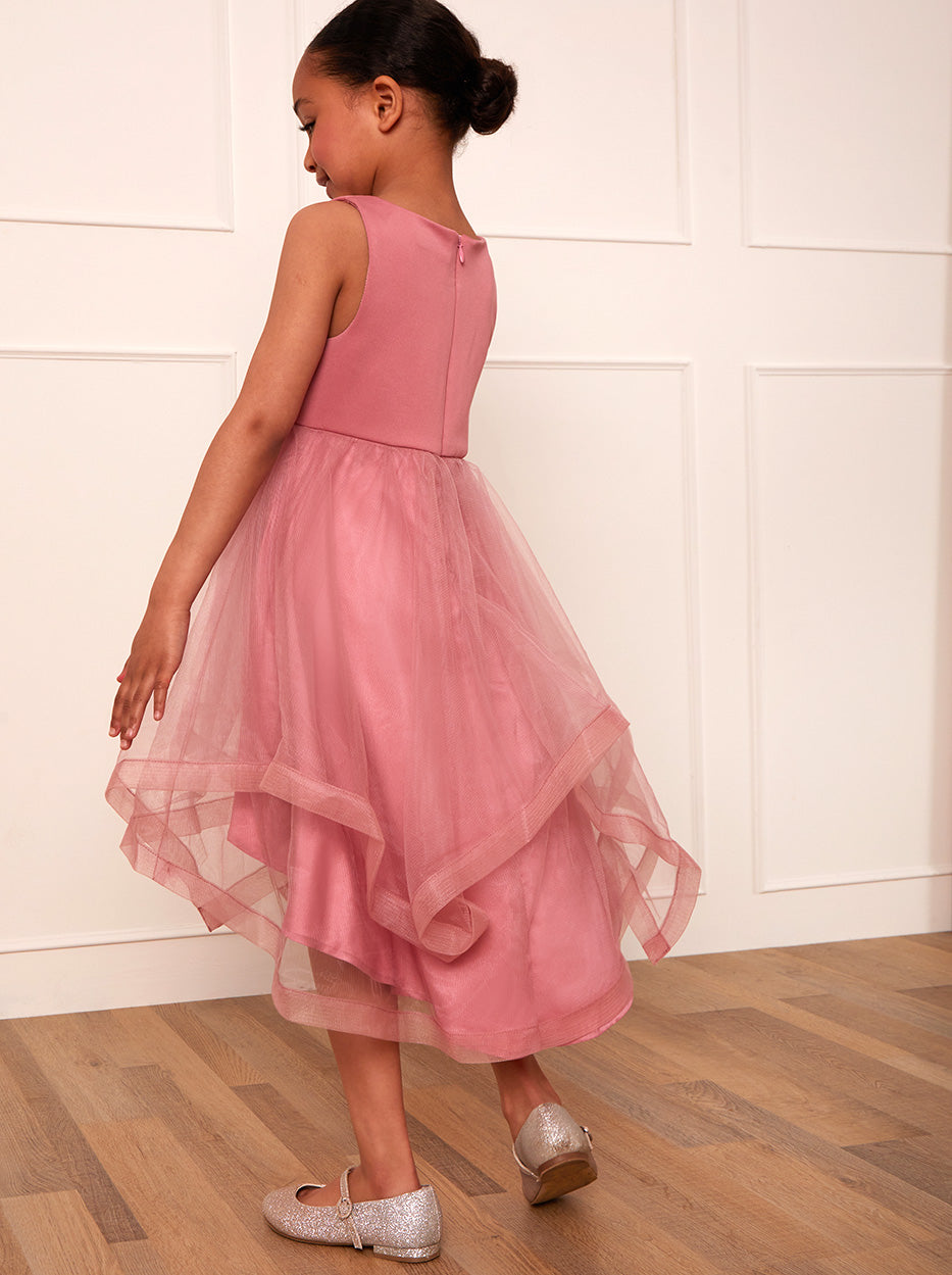 Younger Girls Tulle Layered Midi Dress in Pink