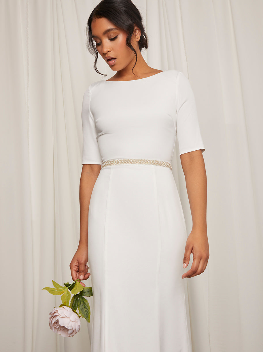 Mid Sleeve Embellished Maxi Wedding Dress in White