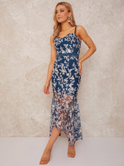 Peplum Embroidered Lace Bodycon Dress in Blue